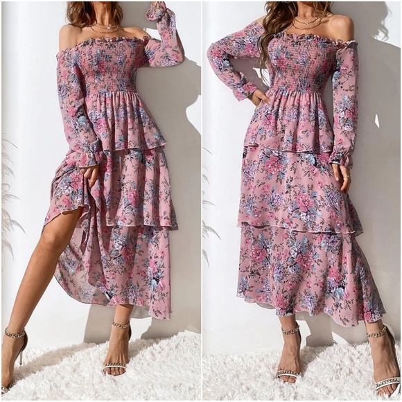 Boho Floral Print Off Shoulder Maxi Dress - Picture 1 of 7